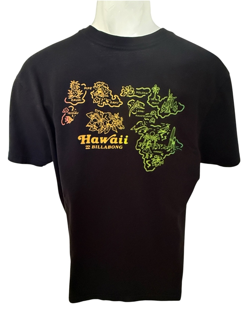 Billabong Black Hawaii Map Tee with Neon Graphic Men M Medium